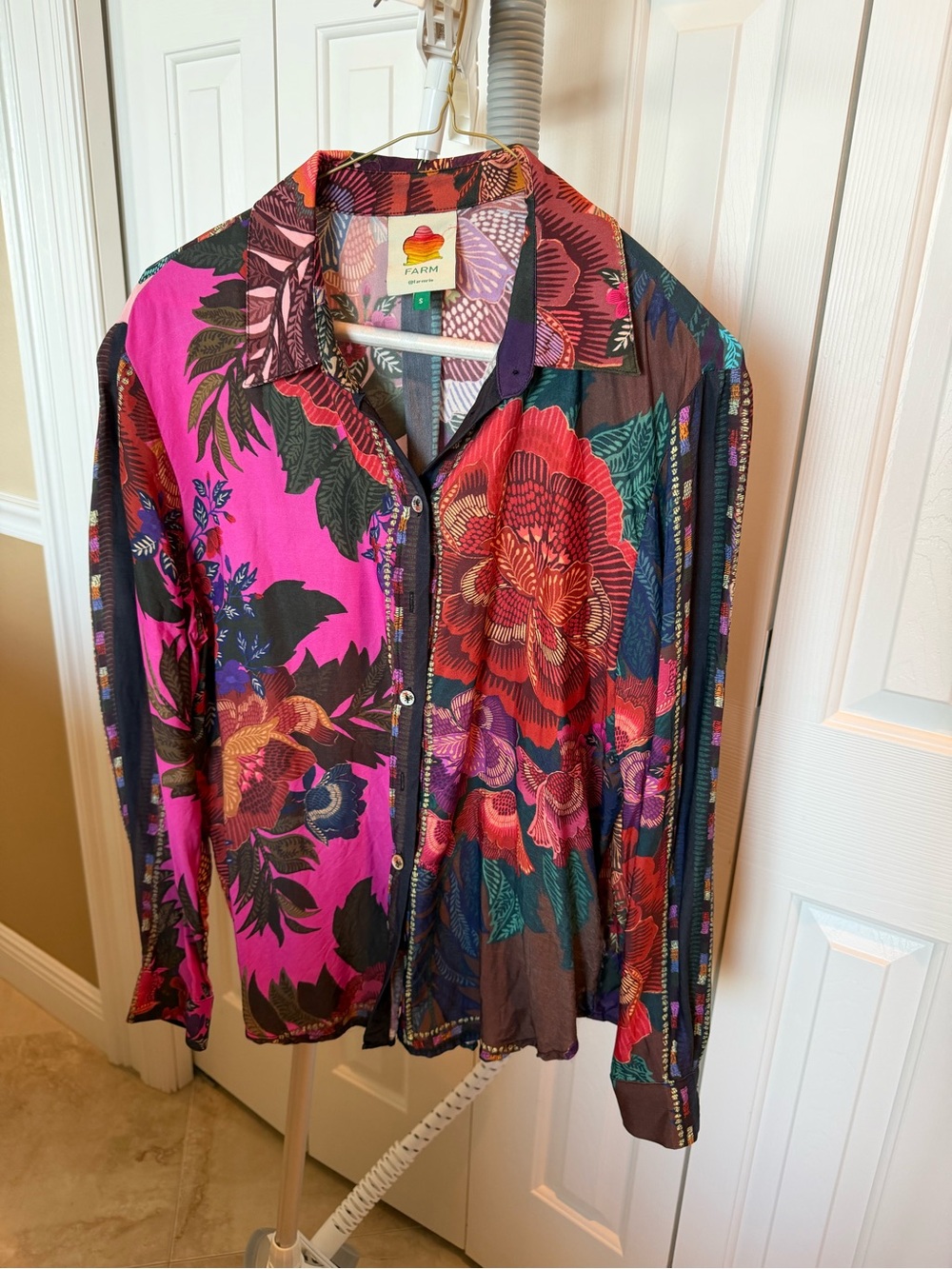 FARM Rio Floral Button-Down Shirt in Magenta and Teal